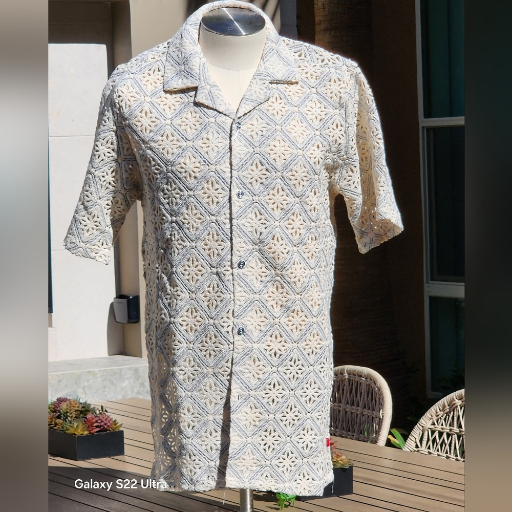 Stacy Adams Men's Gray Geometric Floral Lattice Crochet Woven Shirt Size XL